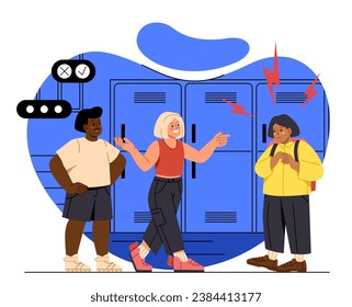 Bullying in school concept. Boy and girl insult schooler. Negative emotions and agression, mental abuse. Loneliness and frustration. Cartoon flat vector illustration isolated on white background