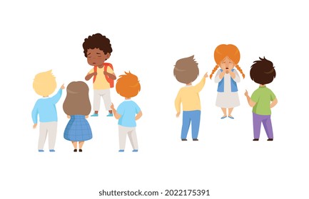 Bullying at School Concept, Boys and Girls Mocking Classmates, Violent Behavior among Elementary School Students Cartoon Vector Illustration