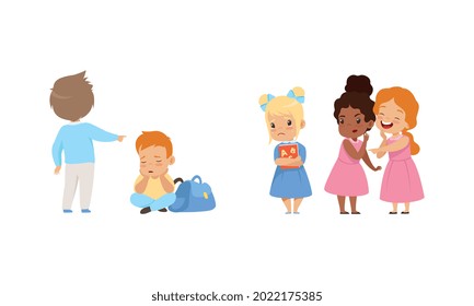 Bullying at School Concept, School Girls Laughing and Pointing at Sad Girl, Boy Pointing at Upset Boy Sitting on Floor Cartoon Vector Illustration