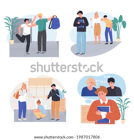 Bullying at school concept scenes set. Classmates taunting boy or girl, mocking children. Conflicts between teenagers. Collection of people activities. Vector illustration of characters in flat design