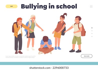 Bullying at school landing page template with aggressive classmates pointing on sad crying boy