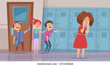 Bullying in school. Stressed kids laughs scare conflict problems in school corridor vector cartoon background