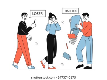 Bullying in school. Teenagers insult schoolgirl and throw her things out of backpack. Negative feelings and emotions. Loneliness and depression. Linear flat vector illustration