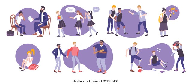 Bullying set of isolated flat images with thought bubble icons and human characters of angry kids vector illustration