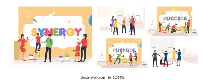 Bullying or teamwork set. Group of people mocking mates or painting motivation words. Flat vector illustrations. Team communication concept for banner, website design or landing web page