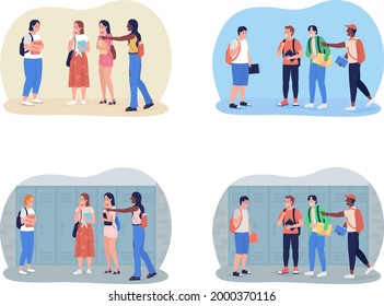 Bullying Teenagers At School 2D Vector Isolated Illustration Set. Peer Pressure. Classmates Mock Girl And Boy Flat Characters On Cartoon Background. Teenager Problem Colourful Scene Collection