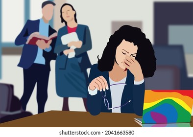 Bullying trans LGBT in the office illustration with women sad face. Vector illustration of LGBT discrimination in work place. Lesbian at work