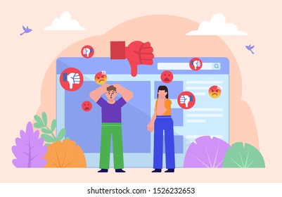 Bullying, trolling or harassment in internet, web. Man and woman stand near web page surrounded by dislikes. Poster for social media, banner, presentation. Flat design vector illustration