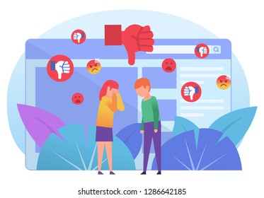 Bullying, trolling online in chat, messenger. Bad reviews, comments, dislike. Poster for social media, web page, banner, presentation. Flat design vector illustration