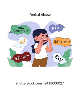 Bullying. Upset victim being bullied and shamed by others. Harassment and humiliation victim. Social violence problem. School verbal or physical abuse. Flat vector illustration