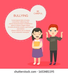 Plantilla de banner vectorial de bullying con espacio de texto. Abuso psicológico, conflicto escolar, ilustración plana. Niños en edad escolar, burlándose de los personajes de dibujos animados de niños y niñas llorones aislados de fondo rosa