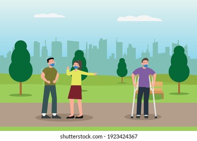 Bullying vector concept: Young couple in face mask laughing and bullying a disabled man with walker stick