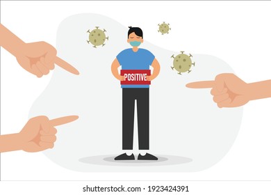 Bullying vector concept: Young man wearing face mask and infected corona virus while people blaming him