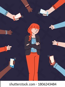 Bullying and verbal bullying concept with hands pointing on girl, flat vector illustration. Victim of harassment and abuse, aggression in teenagers society.