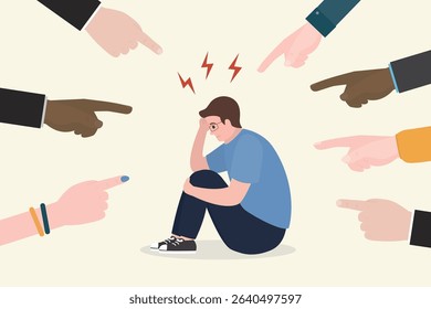 Bullying and verbal bullying concept with hands pointing on young man. Victim of harassment and abuse, aggression in teenagers society. Teenager being accused with fingers pointing at him. flat vector