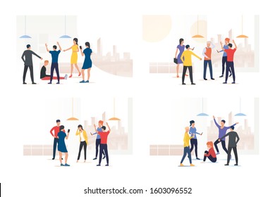 Bullying victim set. Group of people mocking their mate. Flat vector illustrations. Human communication, aggression concept for banner, website design or landing web page