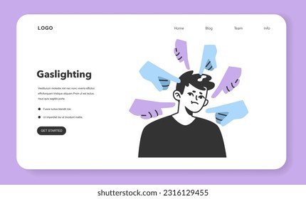 Bullying web banner or landing page. Suppression and harassment, sad character being judged by others. Victim of violence surrounded by hands pointing with condemnation. Flat vector illustration