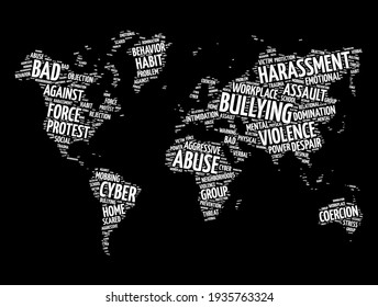 Bullying word cloud in shape of world map, concept background