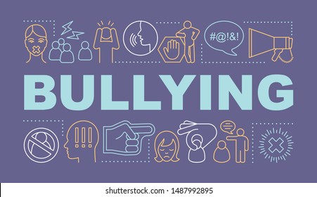 Bullying word concepts banner. Social abuse, oppression and violence. Prejudice and discrimination. Presentation, website. Isolated lettering typography with linear icons. Vector outline illustration