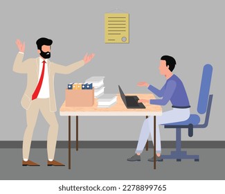 Bullying at work angry boss scold office work manager vector. Worker bullying, harassment, abuse at business workplace. Scared employee at table and shouting yelling man chief for project deadline