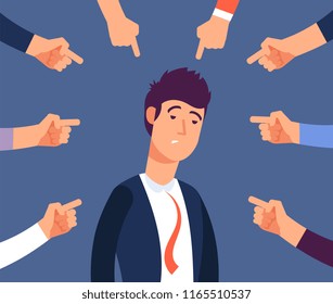 Bullying At Work Concept. Adult Man Get Harassment By Angry Coworkers. Accus At Office Vector Illustration. Victim Person Worker, Stress On Job, Failure And Unhappy