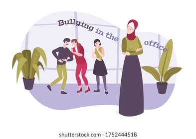 Bullying work flat composition with text and character of muslim woman being bullied by her coworkers vector illustration