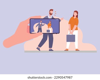 Bullying at workplace evidence and video footage of bullying and harassment at office work shooting video on mobile. CCTV, smartphone for video surveillance. Hand holding phone with rooms on screen.