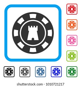 Bulwark Casino Chip icon. Flat gray pictogram symbol in a blue rounded rectangular frame. Black, grey, green, blue, red, pink color additional versions of bulwark casino chip vector.
