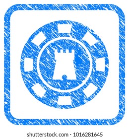 Bulwark Casino Chip scratched textured icon inside rounded frame for overlay watermark imitations. Flat symbol with dirty texture.