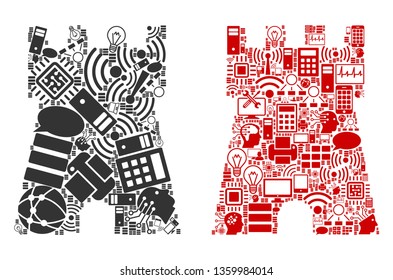 Bulwark Tower composition icons constructed for bigdata illustrations. Vector bulwark tower mosaics are united from computer, calculator, connections, wi-fi, network icons into abstract illustration.
