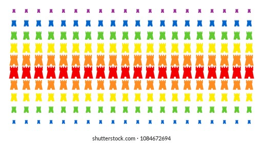 Bulwark Tower icon rainbow colored halftone pattern. Vector shapes organized into halftone array with vertical rainbow colors gradient. Designed for backgrounds, covers,