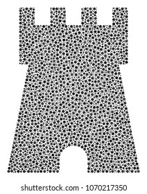 Bulwark Tower mosaic of round dots in various sizes and color hues. Circle elements are combined into bulwark tower vector collage. Dotted vector illustration.