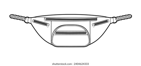 Bum Bag silhouette. Fashion accessory technical illustration. Vector satchel front 3-4 view for Men, women, unisex style, flat handbag CAD mockup sketch outline isolated