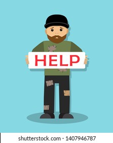 a bum in a cap stands with a sign and a request for help is written in bright red letters