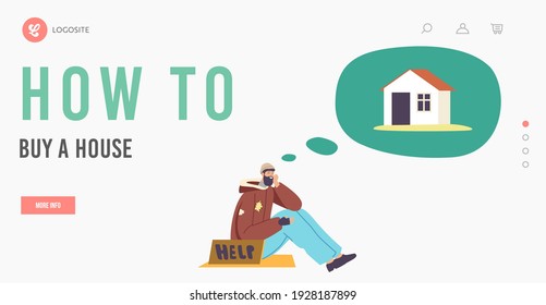 Bum Male Character Dream Of House Landing Page Template. Poor Man In Tatters With Help Banner Sitting On Ground Imagine House And Dreaming Of Own Place For Living. Cartoon People Vector Illustration