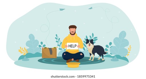 Bum sitting on ground with dog on street begging money. Unemployed homeless male beggar holding cardboard banner help asking support while in troubled situation. Flat cartoon vector illustration