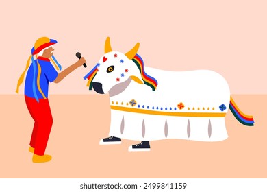 "Bumba Meu Boi" vector art: traditional Brazilian folklore with a man singing, a folklore ox , and vibrant, festive costumes.