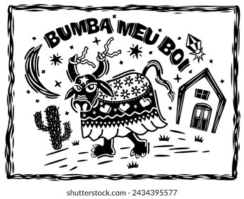 Bumba my ox. Traditional folk dance from north-eastern Brazil. Cordel woodcut illustration.