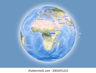 Bumba-Congo (Kinshasa) is shown on vector globe map. The map shows Bumba-Congo (Kinshasa) 's location in the world.