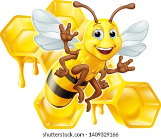 A Bumble Bee Cartoon Character With A Honey Dripping Bumblebee Comb Hive Honeycomb In The Background