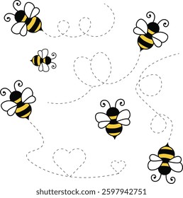Bumble bee dash line, cute honey bee with dotted lines on white background, honey bee with dotted line vector Bee flying doted path, line way. Vector illustration isolated on background.
