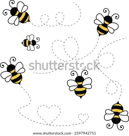 Bumble bee dash line, cute honey bee with dotted lines on white background, honey bee with dotted line vector Bee flying doted path, line way. Vector illustration isolated on background.