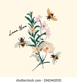 Bumble Bee and flower embroidery vector design, vintage fashion on light beige background.