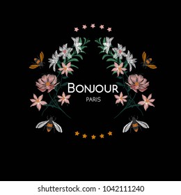 Bumble Bee and flower with wording bonjour paris embroidery vector design, vintage fashion on black background.