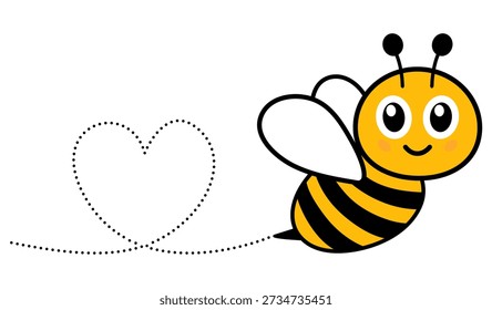 Bumble bee flying along dotted line trail in heart shape. Lovely buzzing honey insect. Vector illustration isolated on white.