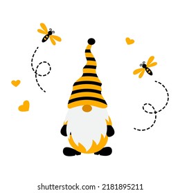 Bumble Bee Gnome Cute Cartoon Illustration. Yellow Honey Bees And Gnome Clipart