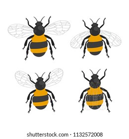 Bumble bee insects vector cartoon flat icons set isolated on a white background.