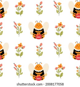 Bumble bee Seamless pattern. Honeybee cute nursery print. Vector background with sweet bumblebee. Baby insect wallpaper in cartoon style. Perfect for fabrics, textile, and wrap paper. 