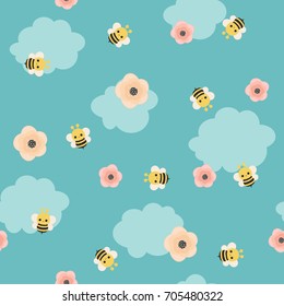 Bumble Bee/bee With Flowers On Blue Background. Vector Seamless Pattern/wallpaper.