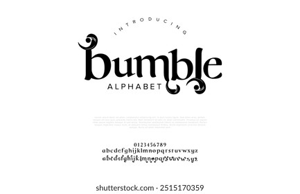 Bumble typography beauty fashion elegant minimalist serif italic fonts decorative wedding vintage retro logos. Minimal luxury font alphabet logo. Vector illustration